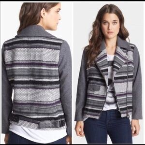 Eleven Paris Teofil Tweed Striped Moto Jacket, Asymmetrical Zip, Relaxed Fit XS